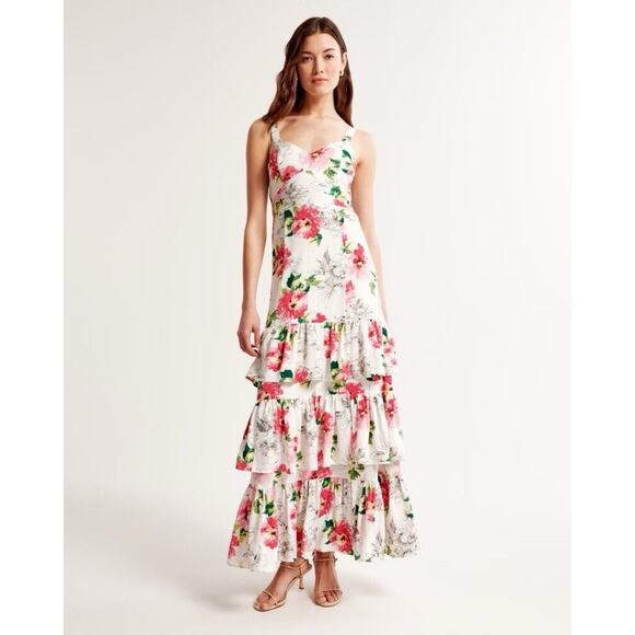 Abercrombie and Fitch Drama Ruffle Tiered Maxi Dress NWT White Floral Size XL - Picture 1 of 13